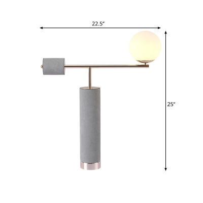 White Glass Ball Night Table Light Industrial-Style 1 Bulb Bedside Desk Lamp in Grey with Tube Cement Base