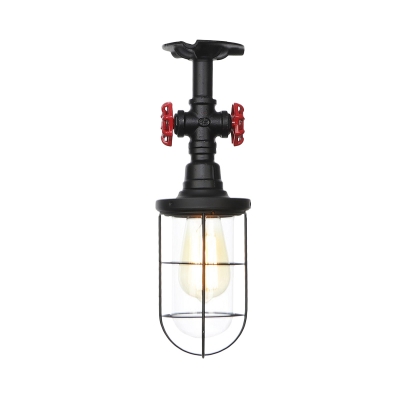 Wire Cage Hallway Semi Flush Light Vintage Clear Glass 1 Light Black Flush Mounted Lamp