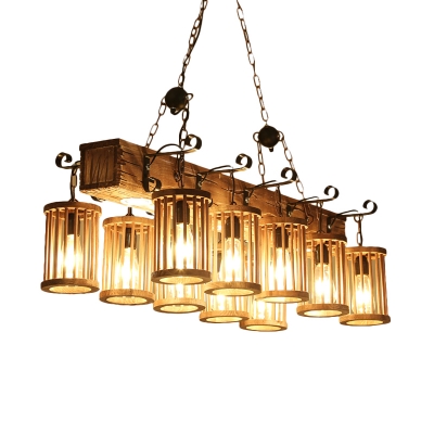 Wood 10 Lights Island Pendant Light Cylinder 10 Lights Factory Style Hanging Lighting with Linear Beam
