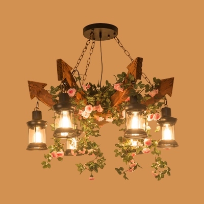 Wood Arrow Flower/Plant Chandelier Cottage 6-Bulb Wine Club Hanging Pendant with Lantern Clear Glass Shade in Pink/Green