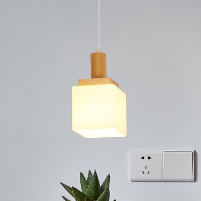 Wood Cube Hanging Pendant Modern Asia 1-Head Cream Glass Ceiling Suspension Lamp