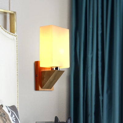 Wood Cuboid Wall Lighting Modernist 1 Head White Frosted Glass Wall Sconce Lamp with Triangle Metal Base