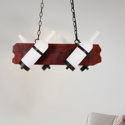 Wood Rectangle Island Pendant Light Vintage 4/6 Lights Restaurant Hanging Lamp Kit in Brown with Bottle White/Amber Glass Shade