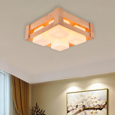 Wood Square Flush Mount Light Modern Asia 4-Light White Glass LED Flush Ceiling Lamp for Living Room