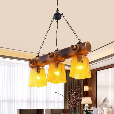 Yellow Rippled Glass Brown Island Lighting Trapezoid 3-Light Countryside Pendant Light Fixture with Linear Bamboo Beam