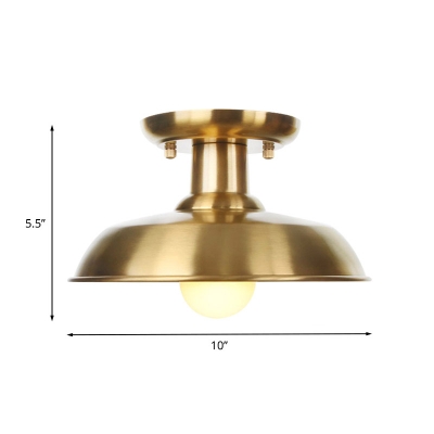 1 Bulb Barn/Dome/Cone Semi Flushmount Light Industrial Gold Finish Metallic Flush Mount Lamp Fixture