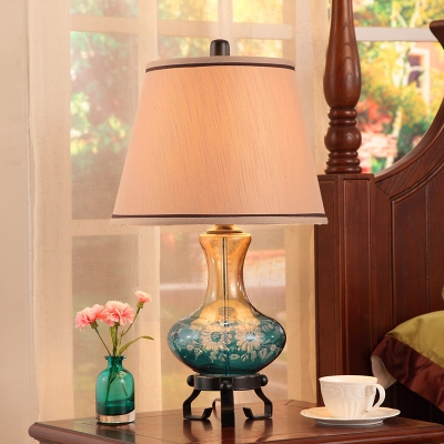 1 Bulb Floral Ceramic Table Light Country Red/Blue Vase Parlor Nightstand Lamp with Fabric Lamp Shade