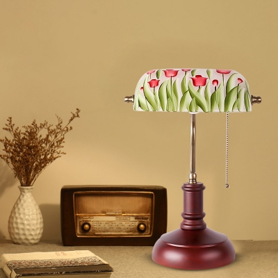 1 Bulb Night Table Light Antiqued Flower Green Print Glass Table Lamp with Pull Chain
