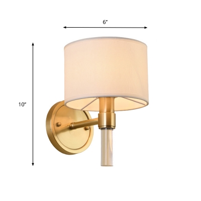 1 Bulb White Fabric Wall Sconce Light Vintage Brass Drum Indoor Wall Mount Lamp Fixture