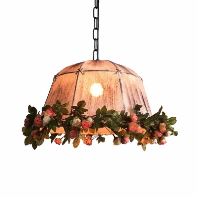1-Light Ceiling Pendant Lamp Rural Yurt Shape Fabric Hanging Light with Fake Rose in Pink
