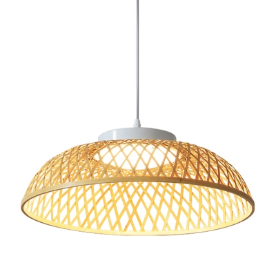 1-Light Living Room Drop Pendant Asia Beige Suspended Lighting Fixture with Cross Woven Wide Bowl Bamboo Shade