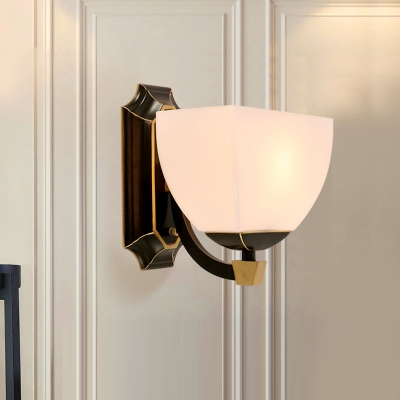 1-Light Squared Bowl Wall Sconce Traditional Black Opal Frosted Glass Wall Mount Light Fixture