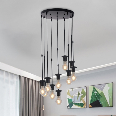 3/5/10 Heads Multiple Hanging Light Antiqued Bulb Shape Metal Mini Ceiling Lamp with Round/Linear Canopy in Black