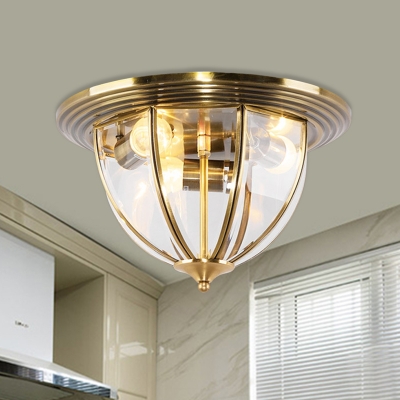 3-Bulb Cloche Flush Mount Light Retro Brass Clear Glass Panes Ceiling Lighting for Kitchen