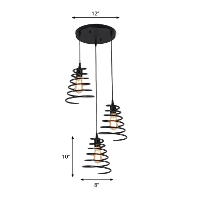 3-Bulb Spiral Cage Multi Ceiling Light Industrial Black Finish Iron Hanging Lamp Kit with Round/Linear Canopy