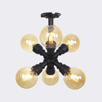 4/5/6 Bulbs LED Semi Mount Lighting Vintage Foyer Flush Lamp with Globe Amber Glass Shade in Black