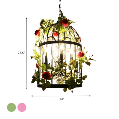 4-Light Iron Suspension Pendant Cottage Black Birdcage Bistro Chandelier with Pink/Green Rose Decoration