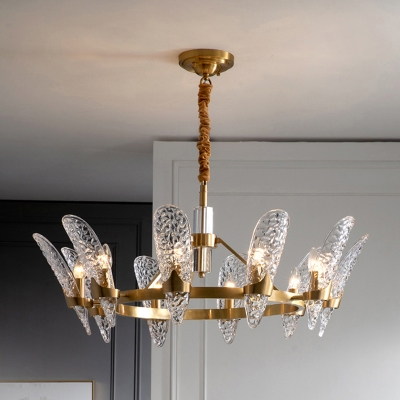 8/10 Heads Crown Chandelier Antiqued Brass Clear Hammered Glass Suspended Lighting Fixture