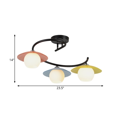 Acrylic Saucer LED Semi Flush Lighting Macaron 3 Bulbs Black Flush Mounted Lamp with Ball White Glass Shade
