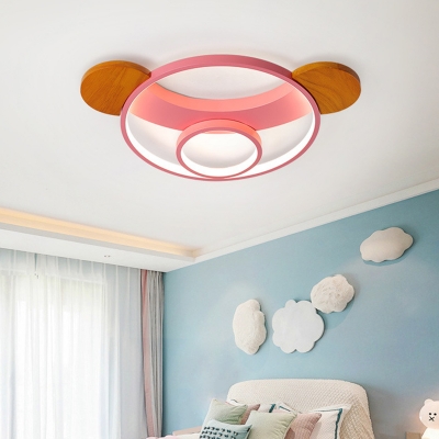 Bear Head Flush Mount Lamp Cartoon Metal Pink/Blue and Wood LED Ceiling Fixture in Warm/White Light, 16