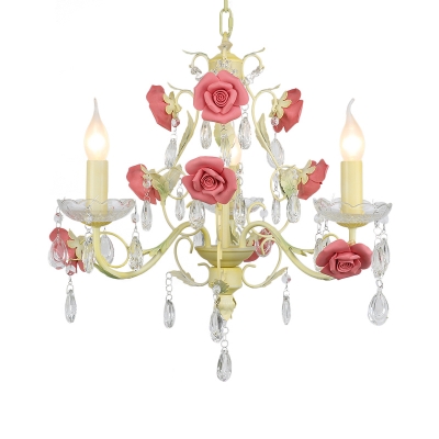 Beige 3-Light Chandelier Lighting Farmhouse Korean Metal Candle Hanging Ceiling Lamp with Rose Decor