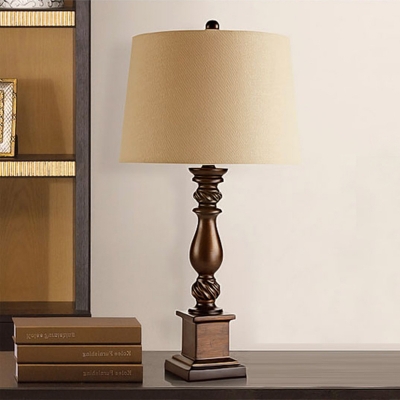 Beige Tapered Drum Table Lamp Transitional Fabric Single Parlor Nightstand Light with Baluster Base