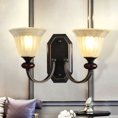 Black Curved Arm Sconce Traditional Metal 1/2 Lights Living Room Wall Lamp with Floral Ribbed Glass Shade