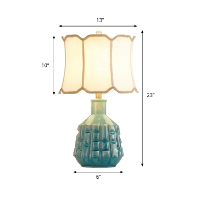 Blue Ribbed Jar Night Lamp Lodge Ceramic Single Bedside Table Light with Bell/Drum Shade