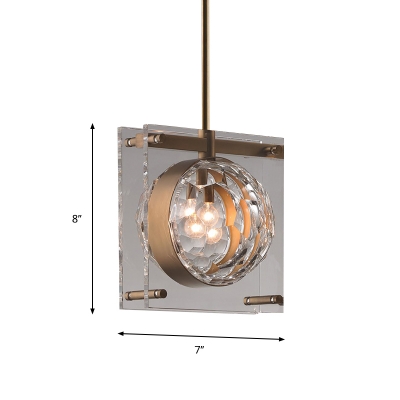 Brass 1 Head Ceiling Light Modernist Faceted Crystal Globe Hanging Pendant Lamp with Dual Squared Panel