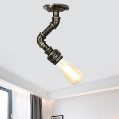 Bronze Water Pipe Semi Flush Vintage Metallic 1 Light Foyer Flush Mounted Lamp Fixture