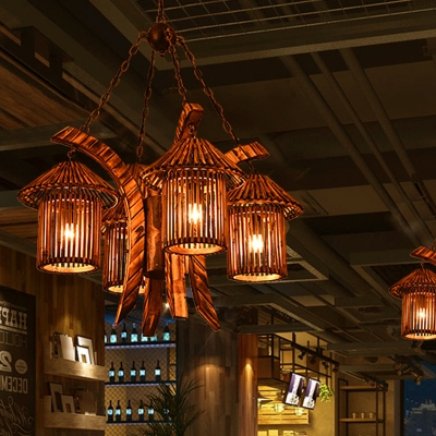 Brown Lantern Ceiling Chandelier Antiqued Style Wood 4-Head Restaurant Hanging Lighting