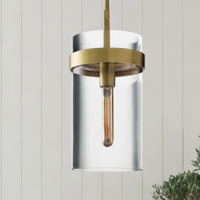 Clear Glass Tubular Pendant Lamp Simplicity Single Suspended Lighting Fixture with Brass Band