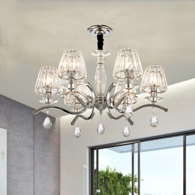 Cone Crystal Chandelier Pendant Light Contemporary 5/6 Heads Living Room Hanging Lamp Kit in Silver