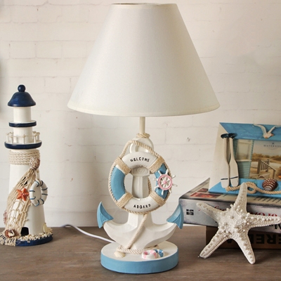 Cone Shade Kids Bedside Night Lamp Fabric 1 Head Coastal Table Light with Anchor and Life Buoy Base in Light/Dark Blue