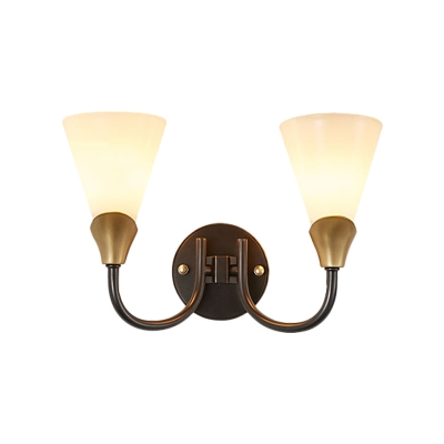 Cone Up Bedroom Wall Sconce Lighting Traditional White Glass 1/2 Heads Brass Wall Mount Lamp