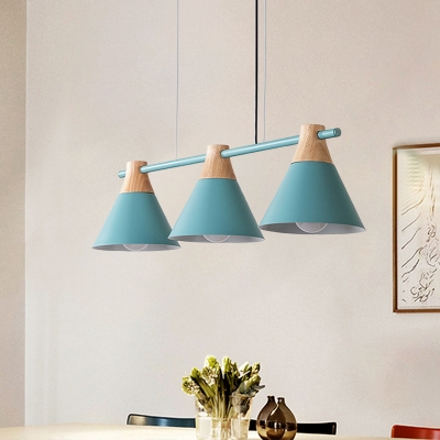 Conical Island Pendant Light Macaron Metallic 3 Bulbs Dining Room Pendulum Lamp in Black/Yellow/Blue