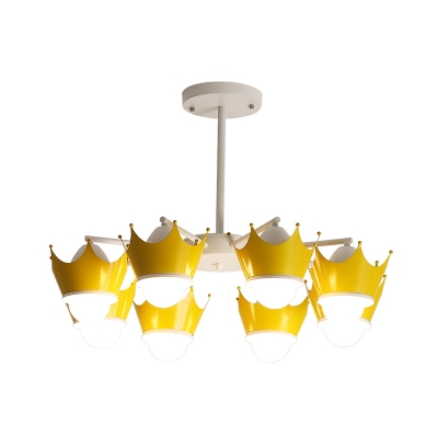 Crown Chandelier Pendant Light Kids Style Iron 8 Heads Child Room Hanging Lamp in Yellow/Blue