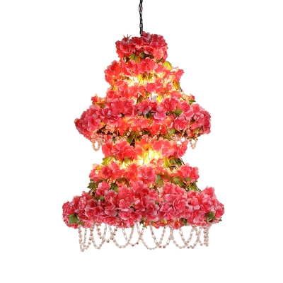 Dual-Layered Iron Hanging Pendant Vintage 6 Lights Restaurant Flower Chandelier in Pink with Crystal Decor