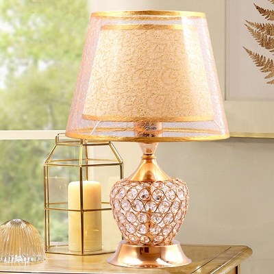 Fabric Barrel Night Light Traditional 1-Light Bedside Night Lamp with Heart Inserted Crystal Base in Gold/Red