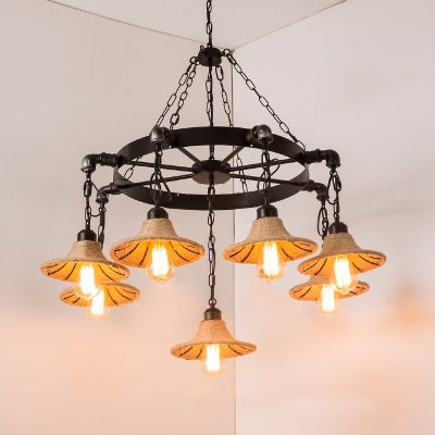 Flared Dining Room Chandelier Lamp Factory Rope 7/9 Lights Beige Ceiling Fixture with Metal Wheel Deco