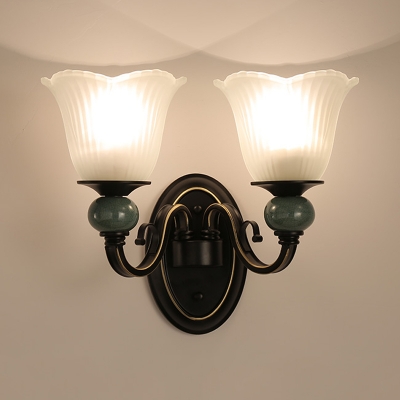 Frosted Glass Floral Up Sconce Lamp Vintage 1/2 Heads Indoor Wall Lighting Ideas in Black
