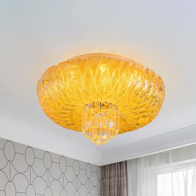 Gold Bowl Flush Light Modern Yellow Textured Glass LED Bedroom Flushmount with Crystal Bottom