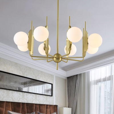 Gold Candle-Like Chandelier Mid Century 8 Heads Cream/Smoke Grey Glass Ceiling Hanging Light