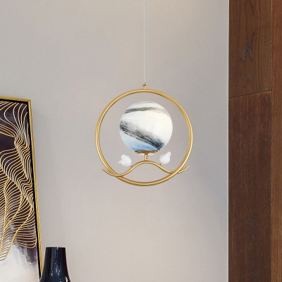 Gold Ring Pendant Light Post Modern 1 Light Metallic Hanging Ceiling Lamp with Planet Glass Shade and Bird Deco