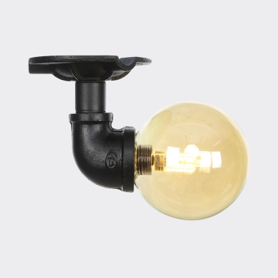 Industrial Globe Semi Flush Light Fixture 1 Head Amber Glass LED Ceiling Flush in Black