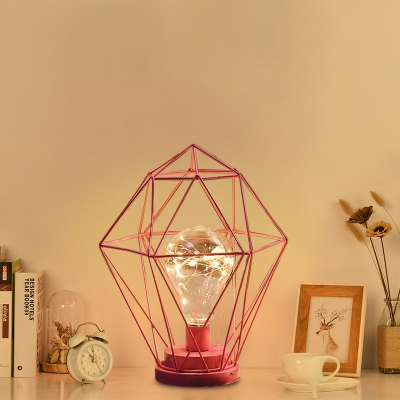Iron Geometric/Diamond Cage Night Light Macaron Black/Pink LED Table Lighting with Plug In Cord