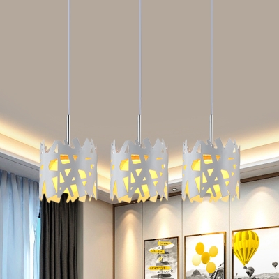 Iron Hollow-Out Cylinder Multi Pendant Light Contemporary 3-Head White Finish Pendulum Lamp with Linear Canopy