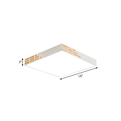 Iron Square LED Ceiling Fixture Nordic White Flush Mount Recessed Lighting with Pieced Wood Ornament, 16/19.5/23.5 Inch Wide