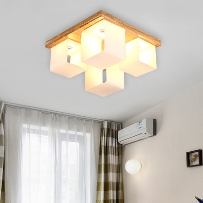Japanese Cube Frame Flushmount Lighting White Glass 4-Head Bedroom LED Ceiling Flush with Wood Canopy