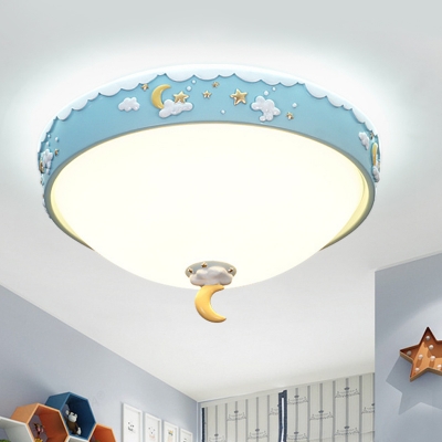 Kids Style Waterdrop Shaped Ceiling Mount Acrylic Bedroom Cloud Pattern LED Flush Light Fixture with Moon and Star in Pink/Blue